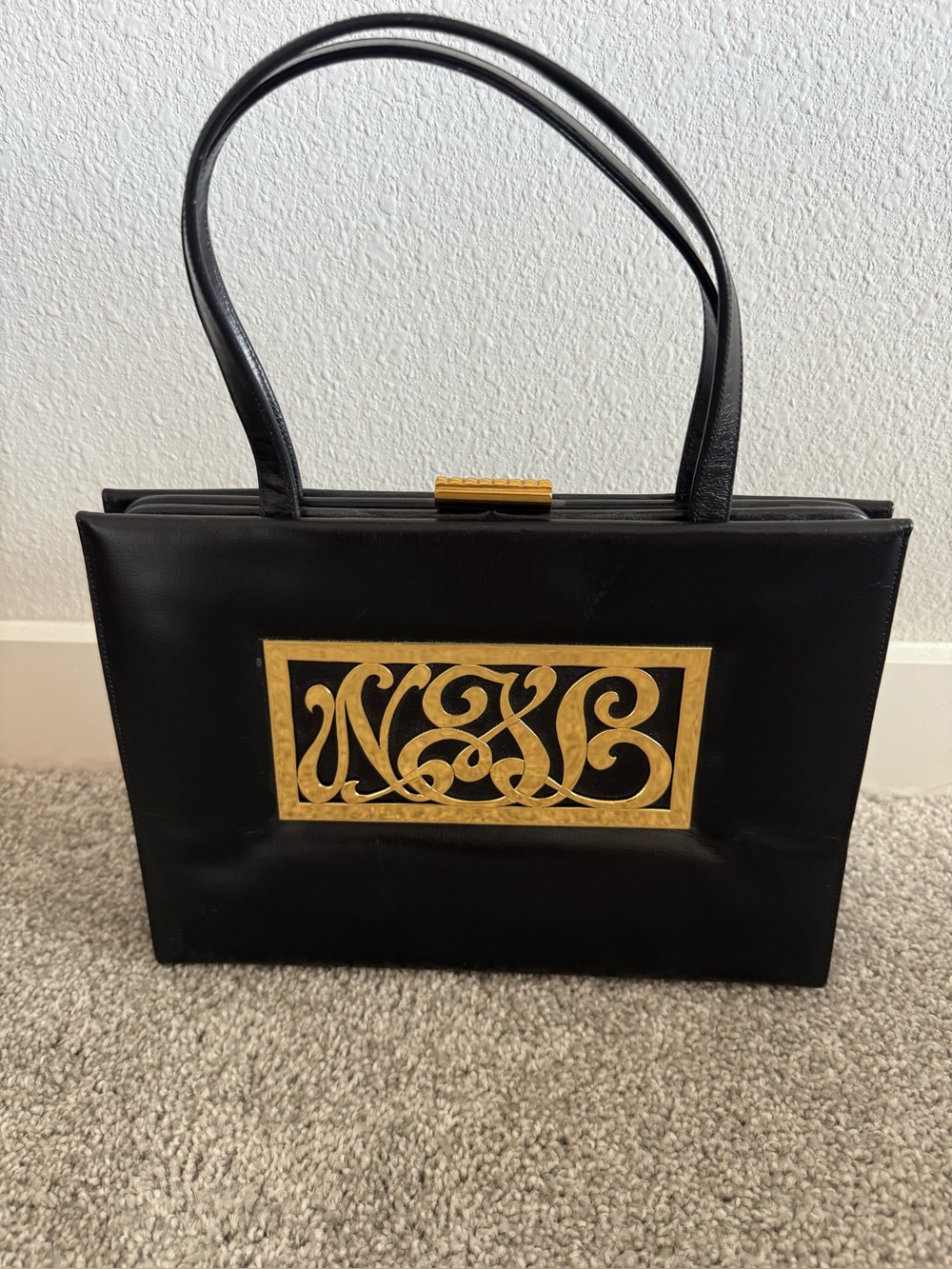 Vintage Black Purse with Gold Monogram Plaque